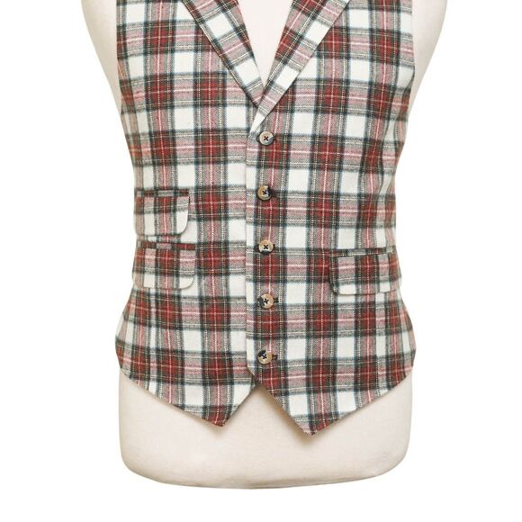 Mens Tartan Plaid Vest 44R White Red Green Lambswool Waistcoat XL Formal Wedding - Picture 5 of 9